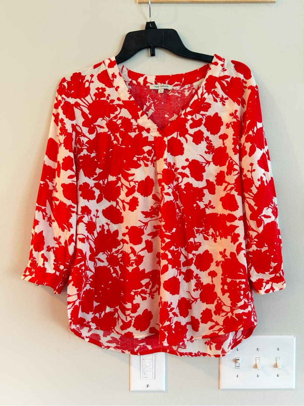 Anne Carson White Blouse with Bold Red Floral Print